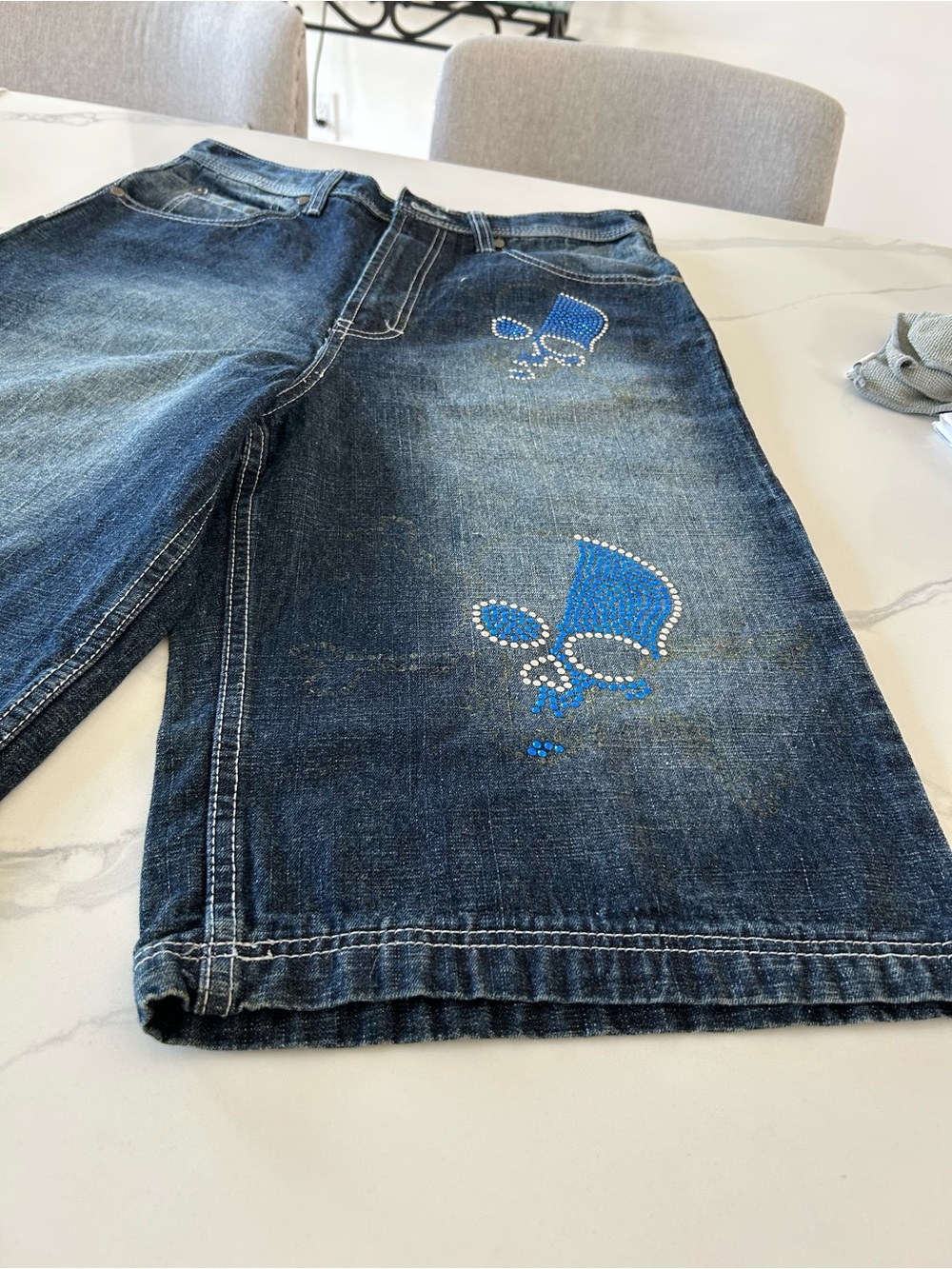Men’s Sacred Cult Baggy Denim Shorts with Blue Skull Stud Accents - Picture 11 of 12